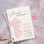 Girly Script Pink Floral Lace Bow Sweet Sixteen 招待状