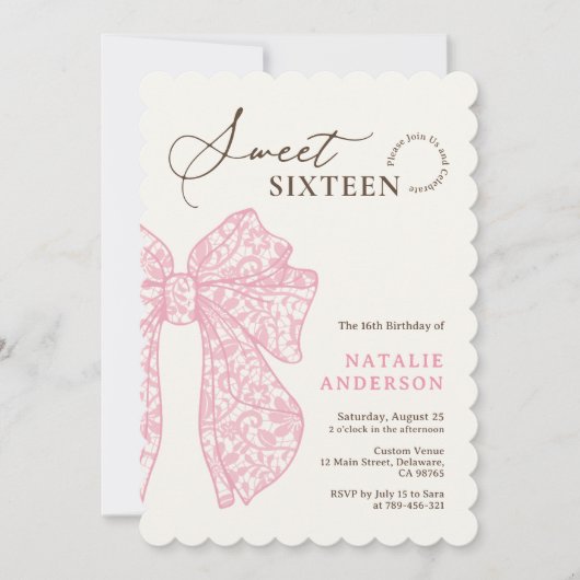 Girly Script Pink Floral Lace Bow Sweet Sixteen 招待状 (正面)