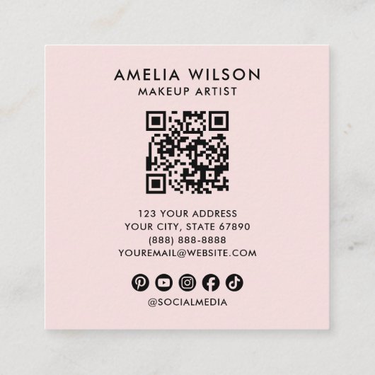 Girly Script QR Code Photo  Square Blush Pink スクエア名刺 (裏面)