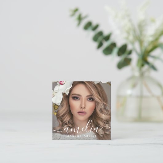 Girly Script QR Code Photo  Square Blush Pink スクエア名刺 (スタンド正面)