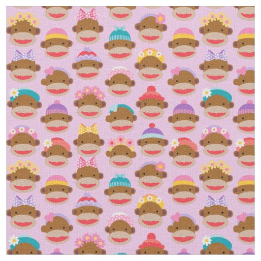 Girly Sock Monkeys Fabric, Pink ファブリック (クローズアップ)