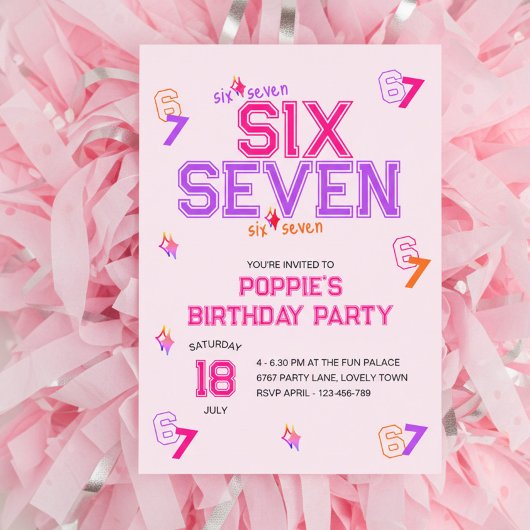 Girly Varsity Pink Purple 6 7 Meme Birthday Party 招待状