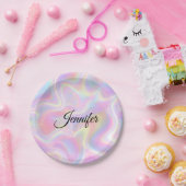 Girly Vibrant Pastel Holographic Swirl Design      ペーパープレート (パーティー)