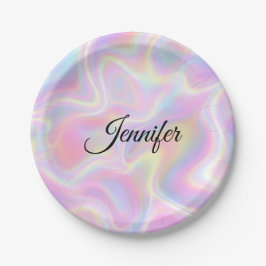 Girly Vibrant Pastel Holographic Swirl Design      ペーパープレート