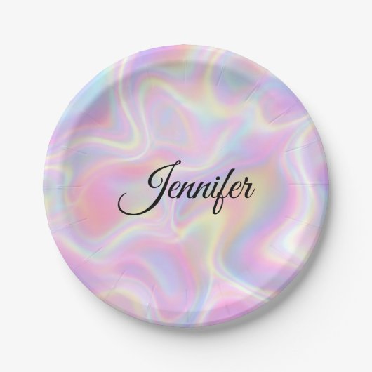 Girly Vibrant Pastel Holographic Swirl Design      ペーパープレート (正面)