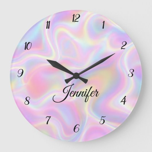 Girly Vibrant Pastel Holographic Swirl Design ラージ壁時計 (正面)