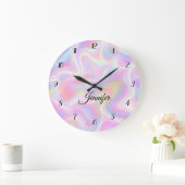 Girly Vibrant Pastel Holographic Swirl Design ラージ壁時計 (ホーム)
