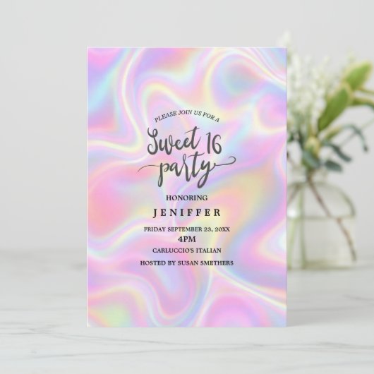 Girly Vibrant Pastel Holographic Swirl Design 招待状 (スタンド正面)