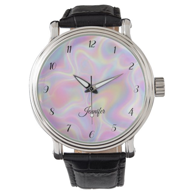 Girly Vibrant Pastel Holographic Swirl Design      腕時計 (正面)