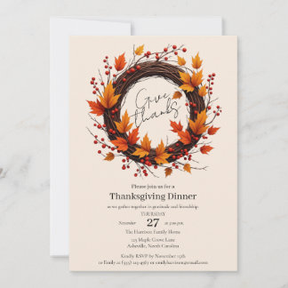 Give Thanks Autumn Wreath Thanksgiving Invitation  セーブザデート