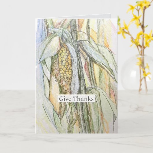 Give Thanks Cornstalk Autumn Happy Thanksgiving カード (黄色い花)