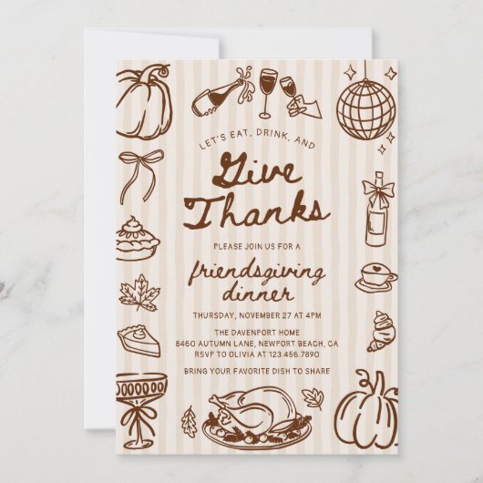 Give Thanks Hand Drawn Doodle Friendsgiving Dinner 招待状 (正面)
