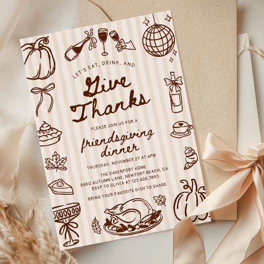 Give Thanks Hand Drawn Doodle Friendsgiving Dinner 招待状