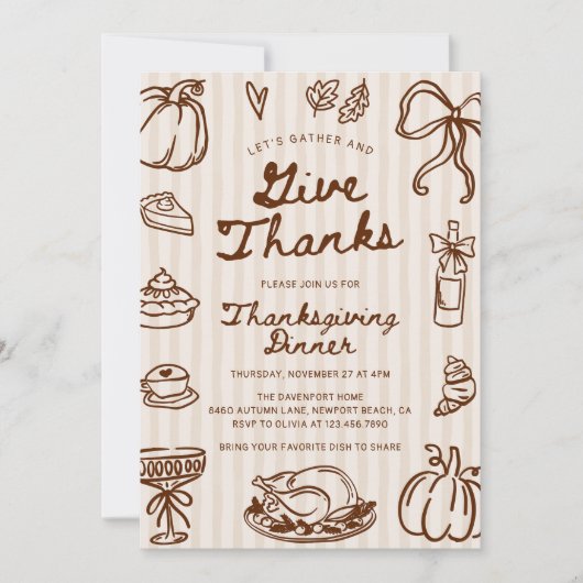 Give Thanks Hand Drawn Doodle Thanksgiving Dinner 招待状 (正面)