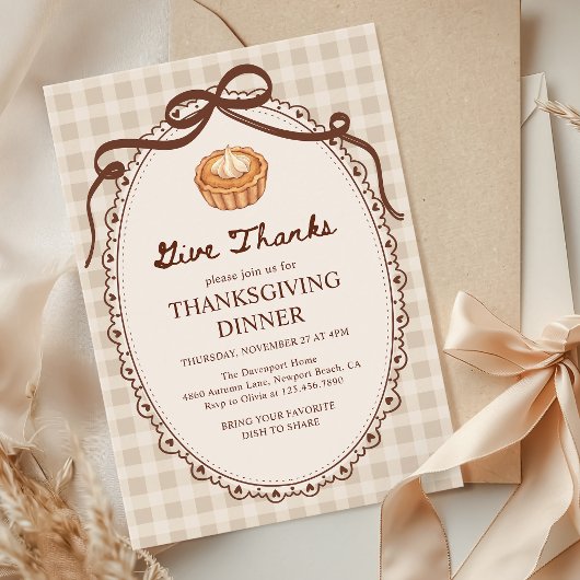 Give Thanks Pie Gingham Autumn Thanksgiving Dinner 招待状