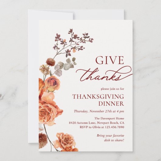 Give Thanks Terracotta Floral Thanksgiving Dinner 招待状 (正面)