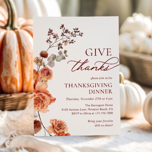 Give Thanks Terracotta Floral Thanksgiving Dinner 招待状