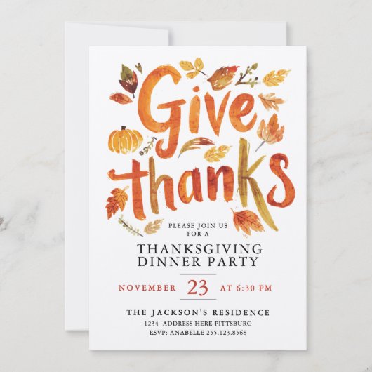 Give Thanks Thanksgiving Autumn Dinner Watercolor  招待状 (正面)