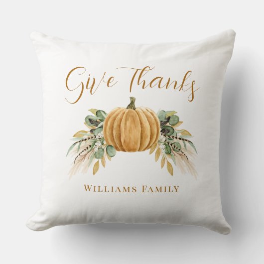 Give Thanks Thanksgiving Autumn Pumpkin  クッション (正面)