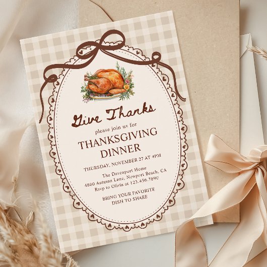 Give Thanks Turkey Gingham Thanksgiving Dinner 招待状