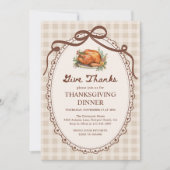 Give Thanks Turkey Gingham Thanksgiving Dinner 招待状 (正面)