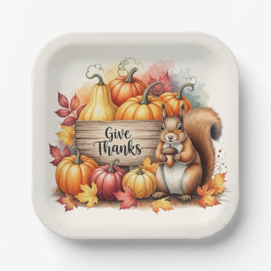 Give Thanks – Whimsical Squirrel & Pumpkin Harvest ペーパープレート (正面)