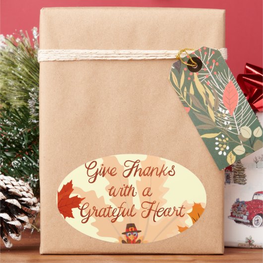 Give Thanks With a Grateful Heart Thanksgiving 楕円形シール (クリスマス)