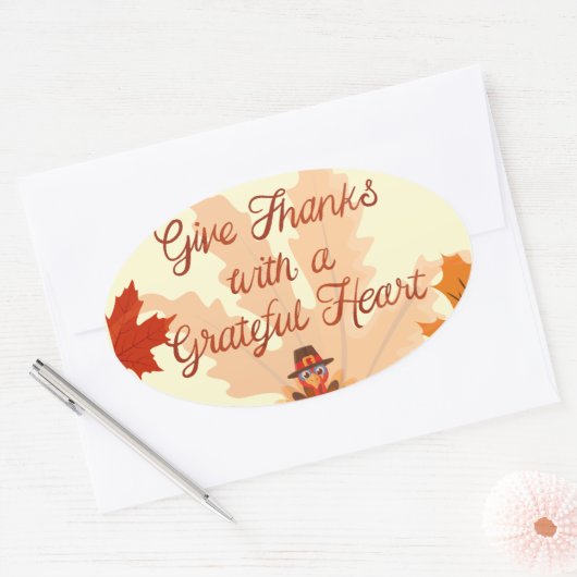 Give Thanks With a Grateful Heart Thanksgiving 楕円形シール (封筒)