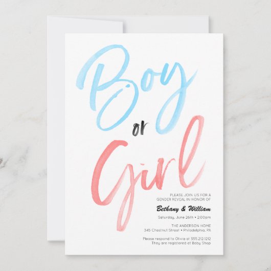 Given Minimalist Gender Reveal男の赤ちゃんまたは少女 招待状 (正面)