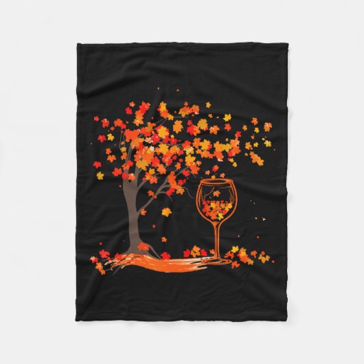 Gl Of Wine Maple Leaf Autumn Fall Funny Drink Wine フリースブランケット (正面)