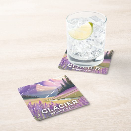 Glacier National Park | Spring Lavender Watercolor スクエアペーパーコースター (インサイチュ)