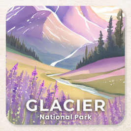 Glacier National Park | Spring Lavender Watercolor スクエアペーパーコースター