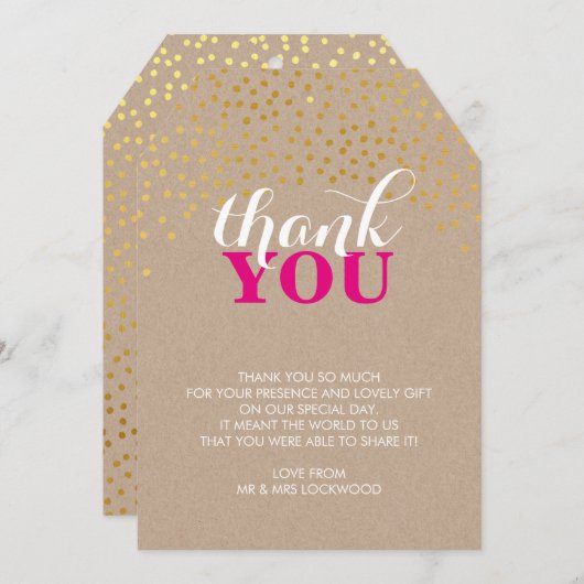 GLAMありがとう素朴な金ゴールド紙吹雪ピンククラフト サンキューカード (正面/裏面)