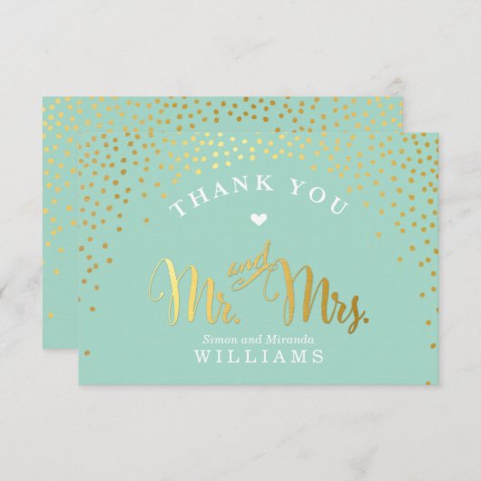 GLAMありがとう素朴な金ゴールド紙吹雪ミントホワイト サンキューカード (正面/裏面)