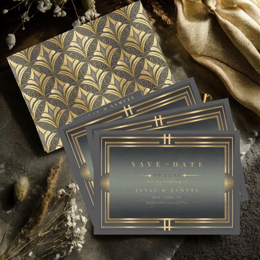 Glamアールデコ結婚のブラック/金ゴールドID1033 セーブザデート