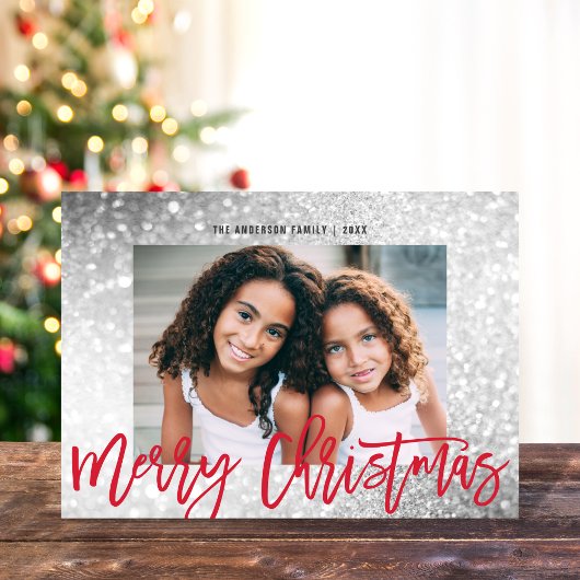 Glamグリッターシルバーレッドスクリプトクリスマスフォト シーズンカード