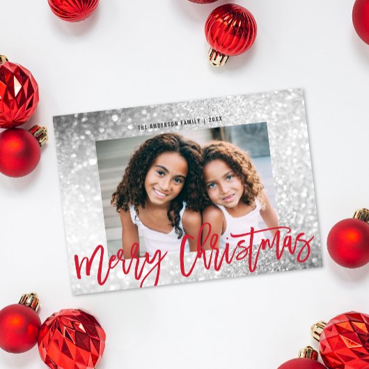 Glamグリッターシルバーレッドスクリプトクリスマスフォト シーズンカード