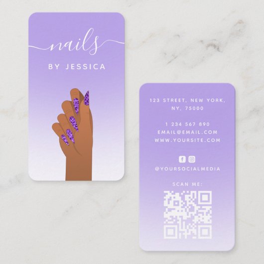 GlamグリッターチーテプリントネイルアーティストQRコード 名刺 (正面/裏面)
