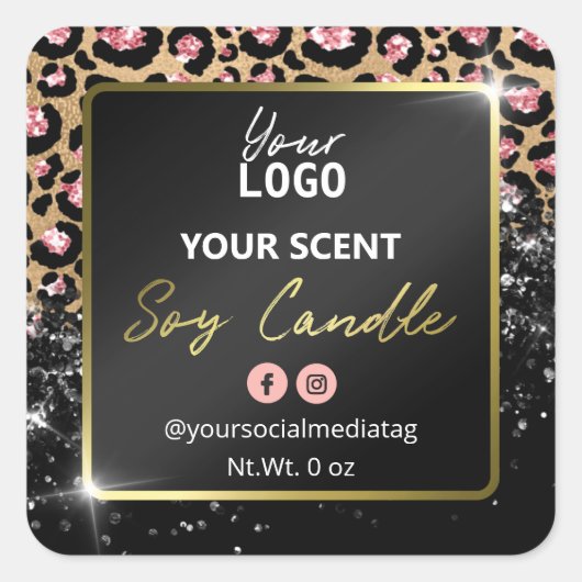 Glamグリッターヒョウ皮ブラック大豆キャンドルラベル スクエアシール (正面)
