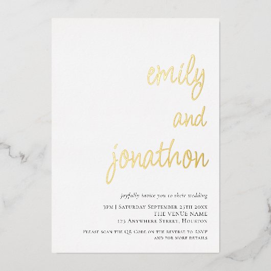 Glamスクリプト名QRコード結婚の贅沢実在 箔招待状 (正面)