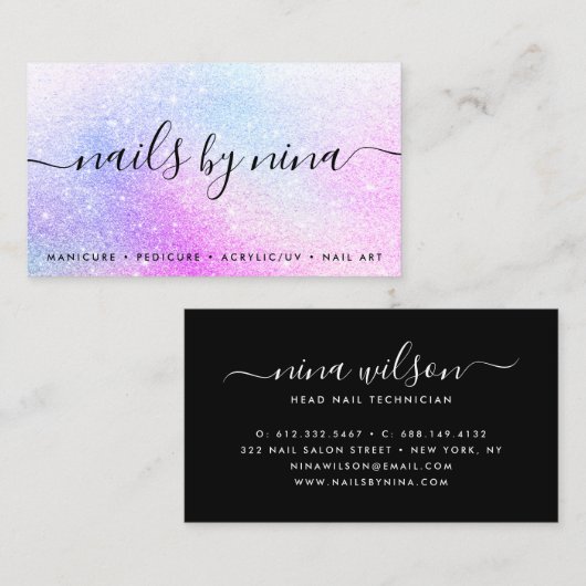 Glamスクリプト署名ホログラフィックピンクグリッター 名刺 (正面/裏面)