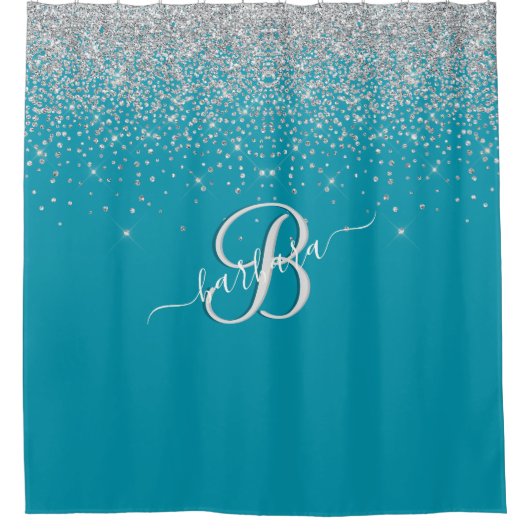 Glamターコイズ3色モノグラム名 シャワーカーテン (正面)