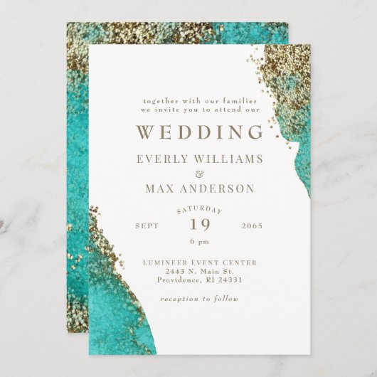 Glamターコイズ&メタリック金ゴールド結婚ズ 招待状 (正面/裏面)