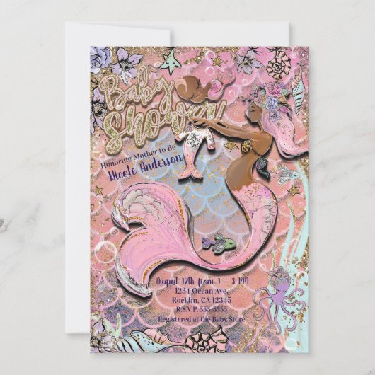 Glamダークエスニックプレゴマーメイドグリッターベビーシャワー 招待状 (正面)