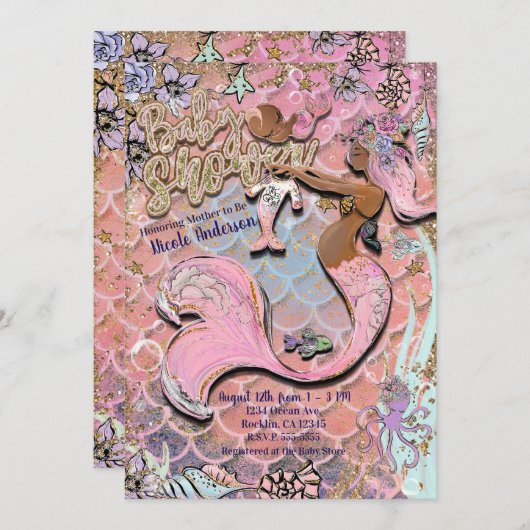 Glamダークエスニックプレゴマーメイドグリッターベビーシャワー 招待状 (正面/裏面)