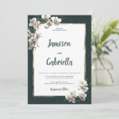 Glamダークグリーン金ゴールド白オーキッ結婚ト花 招待状 (スタンド正面)