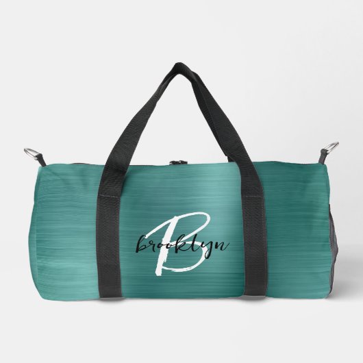 Glamティール(緑がかった色)ブラシ仕上げ金属黒白モノグラム ダッフルバッグ (正面)