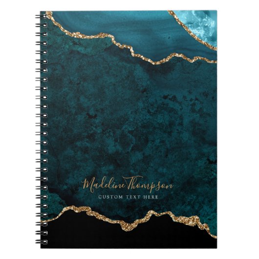 Glamティール（緑がかった色）ベルベットAgate Geode金ゴールドスクリプト ノートブック (正面)