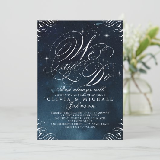 Glamネイビーエレガントヴィンテージ書私たちはまだ行う 招待状 (スタンド正面)