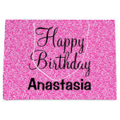 Glamハッピーバースデーホットピンクグリッタースパークル名 ラージペーパーバッグ (正面)